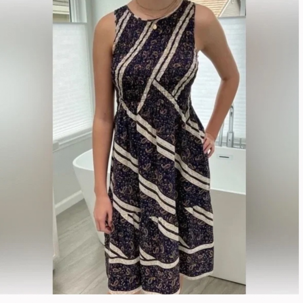 Club Monaco Smocked Silk Paisley Sleeveless Midi Dress